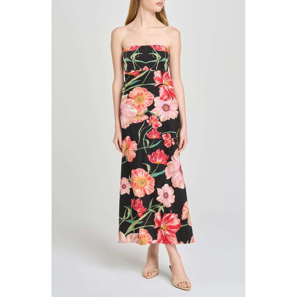 WAYF Women's All Yours Floral Strapless Midi Dress Black Poppies M Romantic NWT